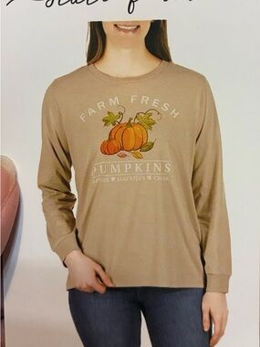 State of Mine Tan Long Sleeve Tee with Pumpkin Graphic Size XL NWT